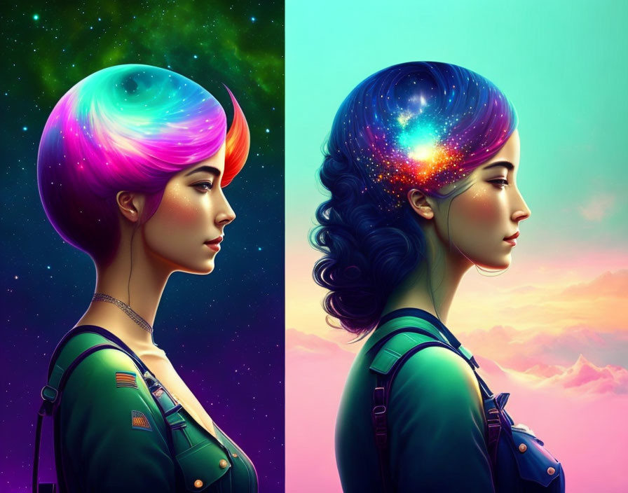 Side-by-Side Portraits of Woman with Cosmic Hair on Starry Space Background