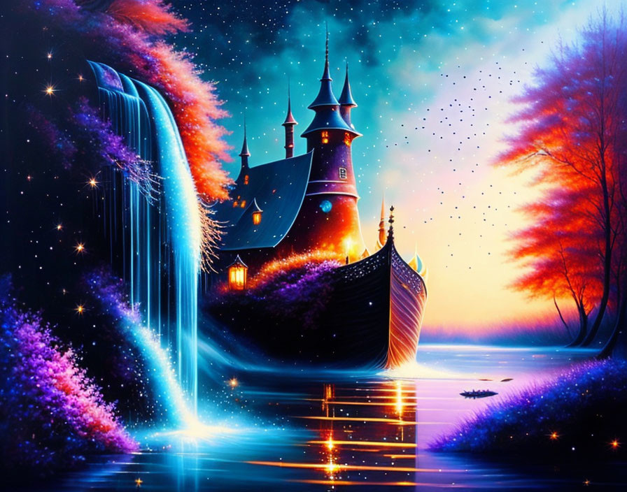 Fantastical nightscape with castle on ship, waterfall, colorful flora, starry sky