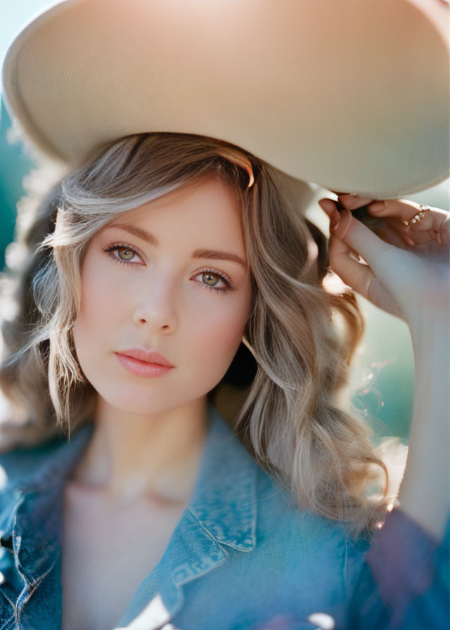 Woman with Wavy Hair and Blue Eyes Holding Hat in Soft Sunlight