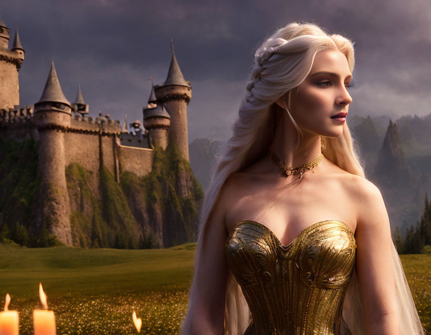 White-haired woman in golden corset against castle backdrop