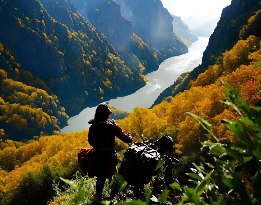 Traveler with backpack admires autumn canyon view