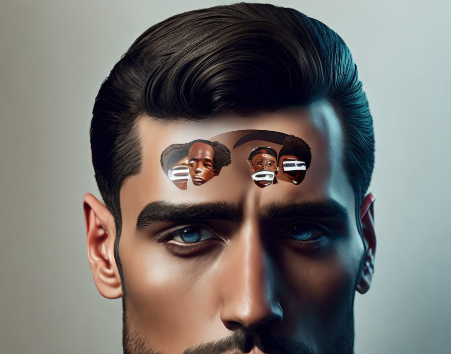 Surrealist portrait of a man with miniature heads in forehead