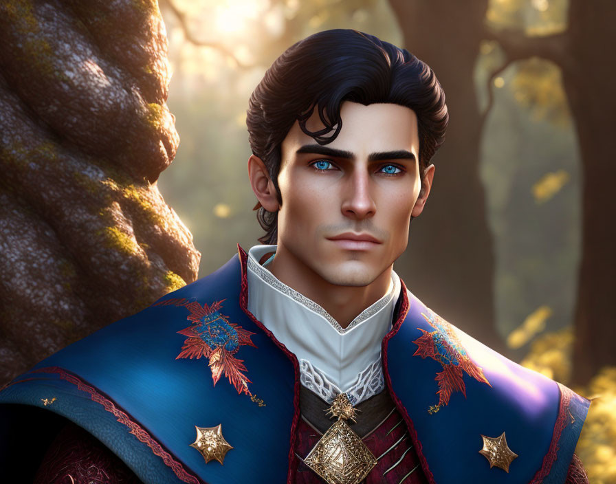 Digital illustration of handsome male character with dark hair and blue eyes in royal outfit.