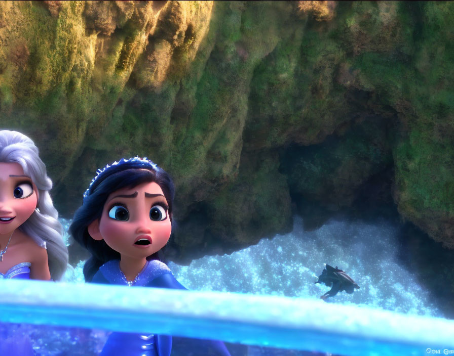 Two surprised animated girls observe a small bird near a magical icy bridge in a luminous cave