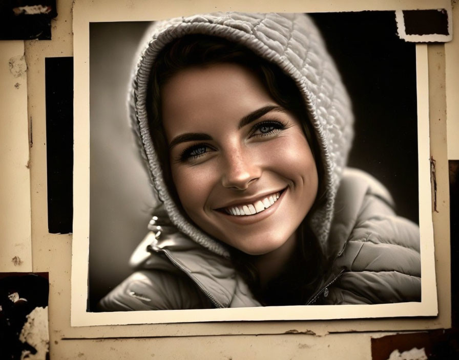 Vintage sepia-toned photo: Smiling woman in hooded jacket with white borders