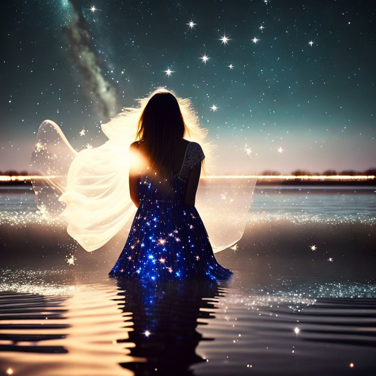 Silhouetted woman in sparkling dress under starry night sky