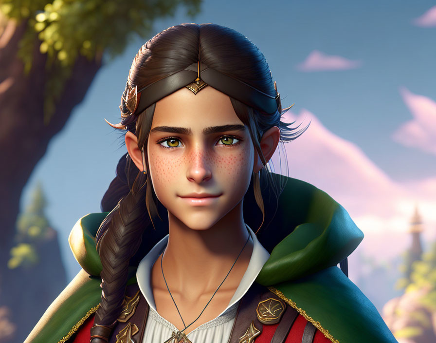 Digital artwork: Female character with braided hair, freckles, green cloak, headpiece,