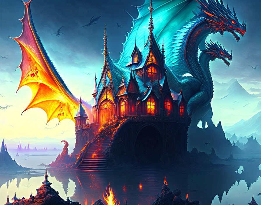 Blue dragon perched on gothic castle against twilight mountain backdrop