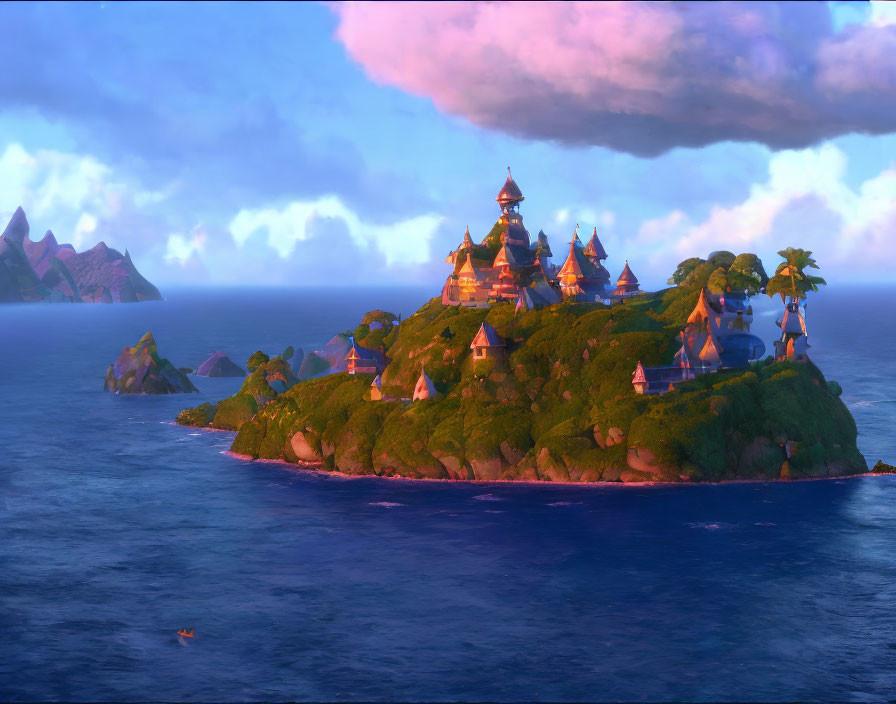 Animated island with intricate buildings in serene ocean at sunset