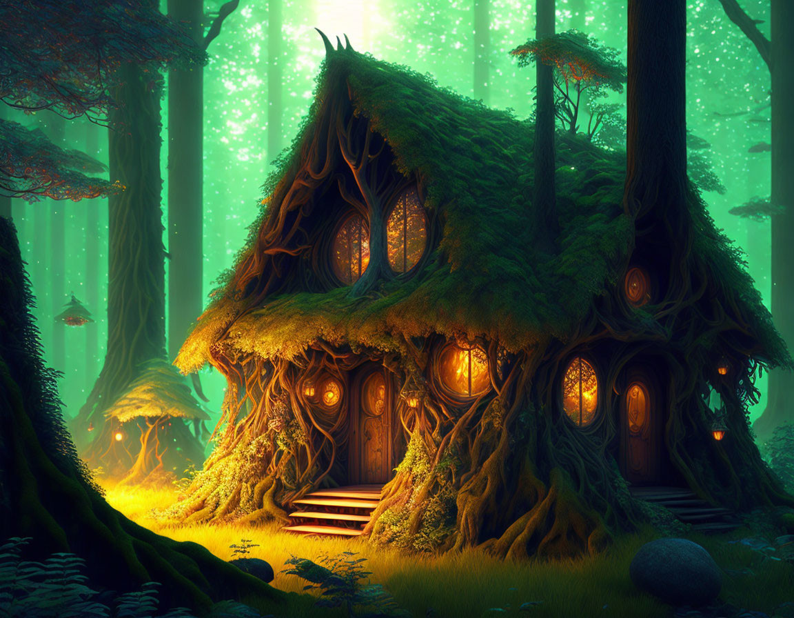 Magical treehouse in enchanted forest with warm lights and mystical green glow