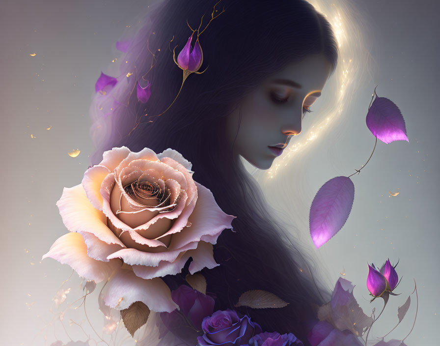 Serene woman with roses, luminous halo, and dreamlike atmosphere