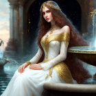 Regal Woman in Golden Headdress by Water Fountain