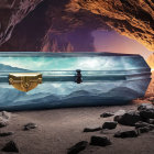 Metallic blue casket in dimly lit cave with decorative handles