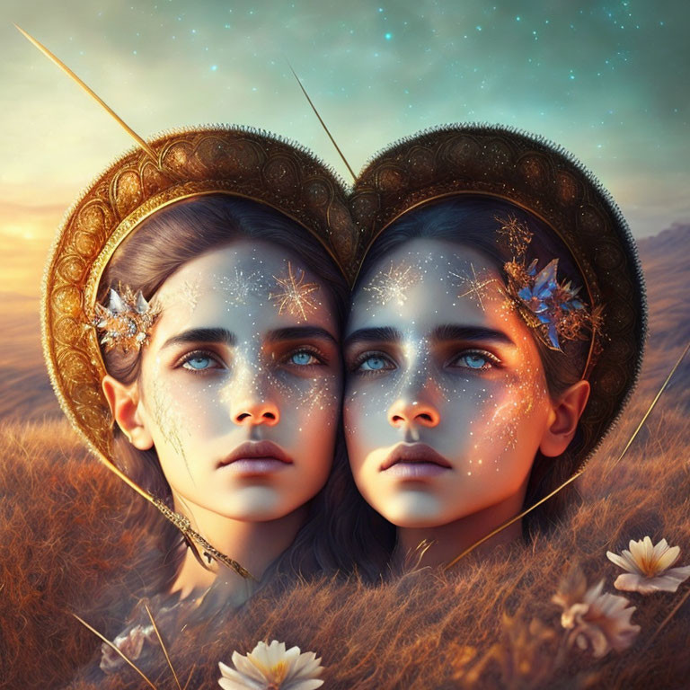 Twins with ornate gold headdresses in mystical digital art