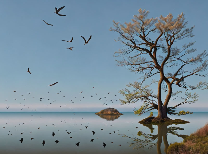 Tranquil landscape with leafless tree by waterbody and birds in clear sky