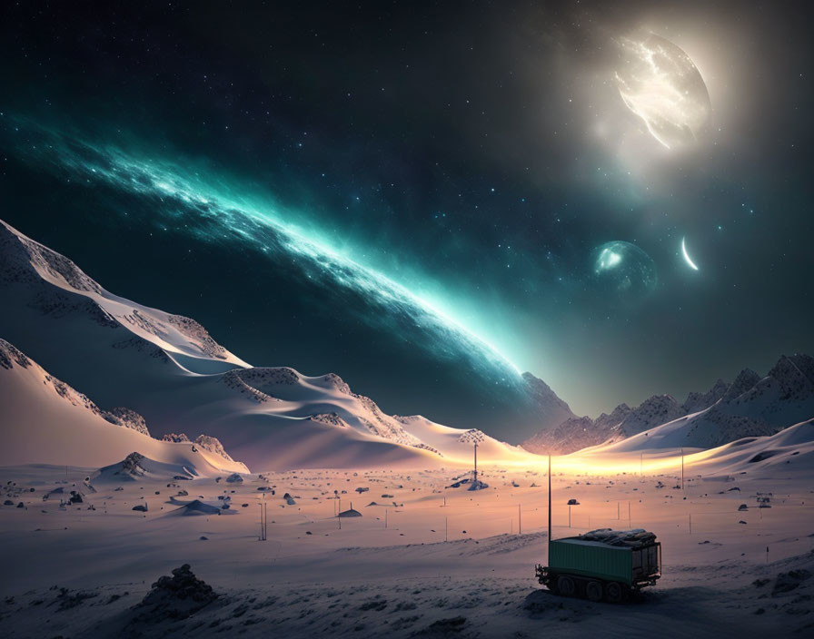 Nighttime Landscape with Auroras, Moon, Planets, and Snowy Terrain