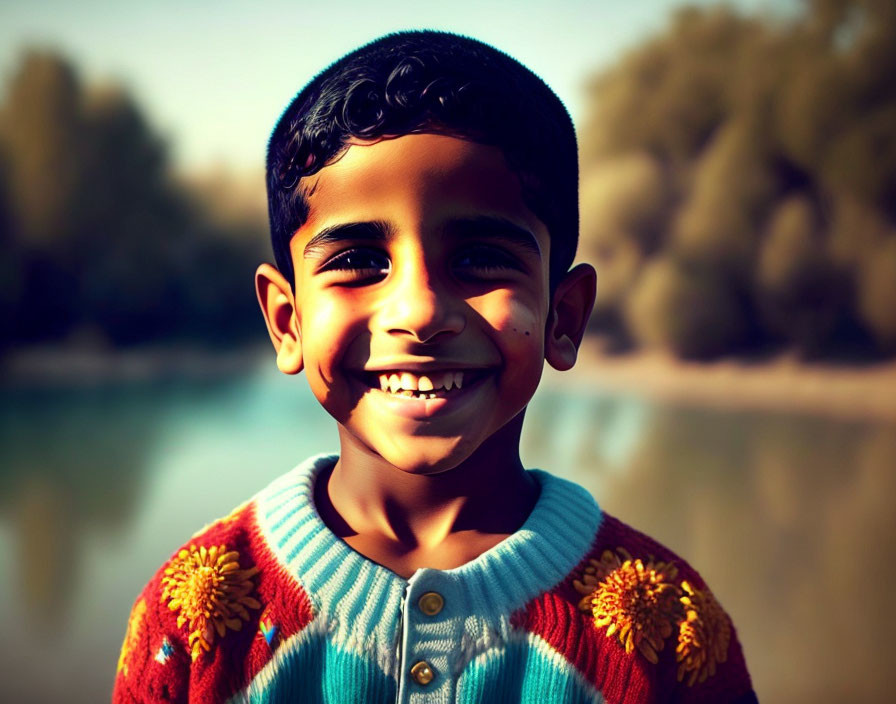 Smiling boy in colorful sweater outdoors by trees and water