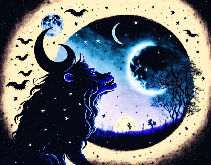 Circular-framed artwork: Silhouetted bull under night sky with moons, stars, trees,