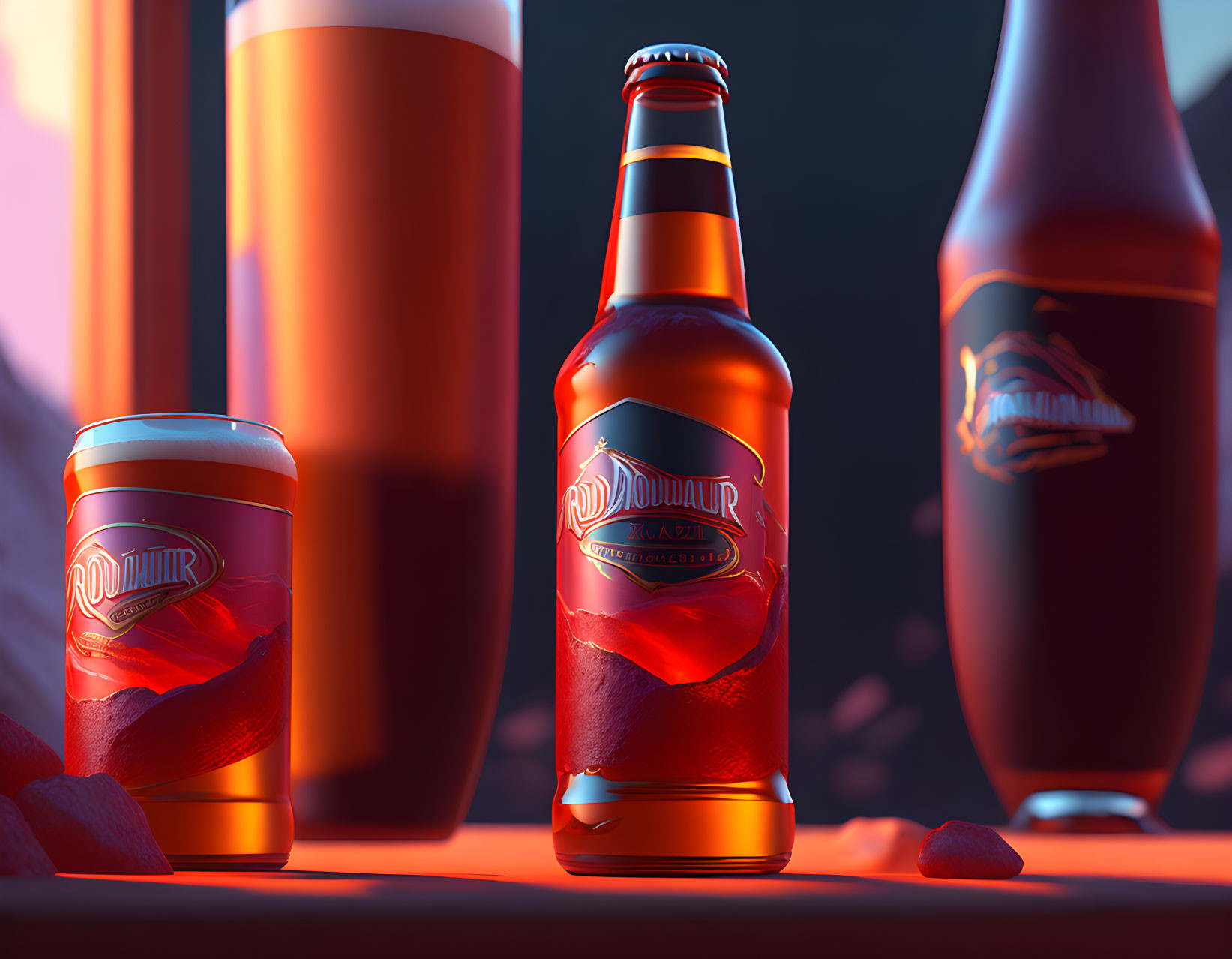 Amber-lit beer bottle and "Rodweiler" cans on glossy surface