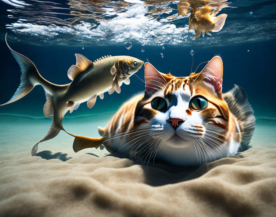 Tabby cat with green eyes underwater watching fish on sandy seabed