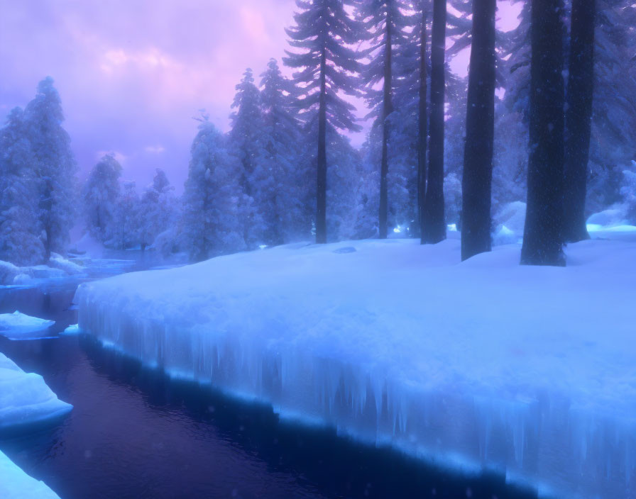 Snowy twilight landscape with evergreen trees, icy river, and purple-pink sky