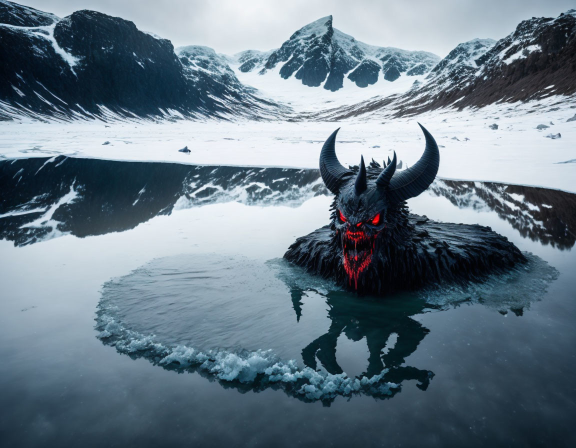 Sinister horned creature emerges from icy lake with snowy mountains.