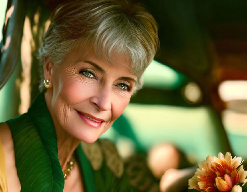 Elderly woman with white hair and green shawl smiles in sunlit portrait