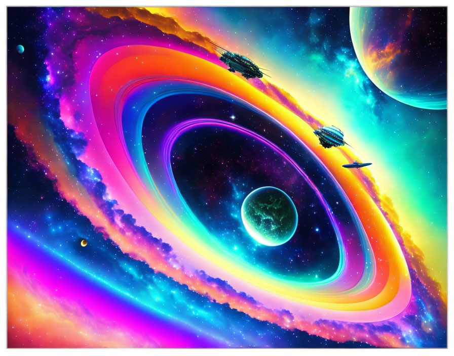 Colorful digital artwork: Spaceships orbit abstract planets in neon rings