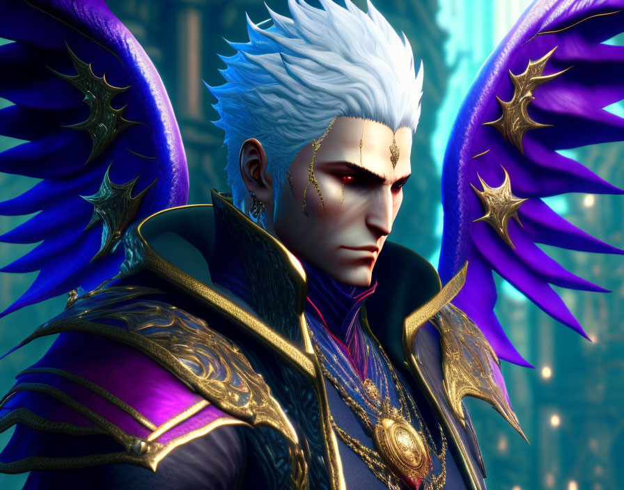 Silver-haired animated character in purple and gold armor with golden facial marks