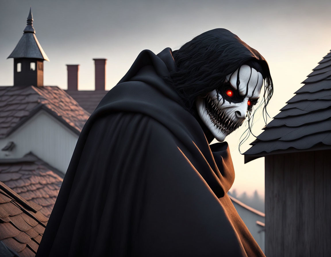 Sinister figure with skull-like face on rooftop at dusk