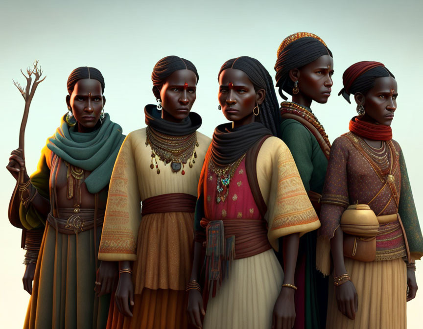 Group of five animated women in traditional clothing with intricate jewelry showcasing unity and cultural heritage