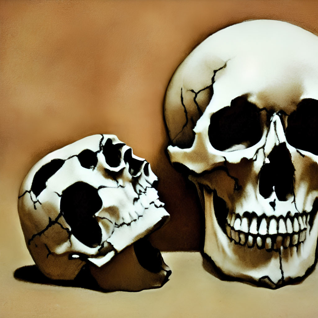 Human skulls contrasted on brown background with eerie vibe