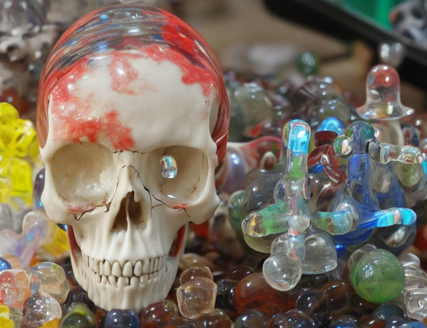 Transparent Glass Skull with Red Detailing Surrounded by Colorful Glass Objects