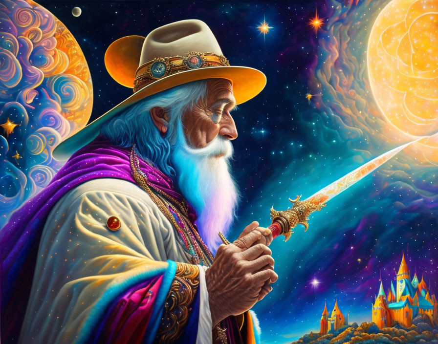 Elderly wizard in white robe gazes with staff in cosmic setting