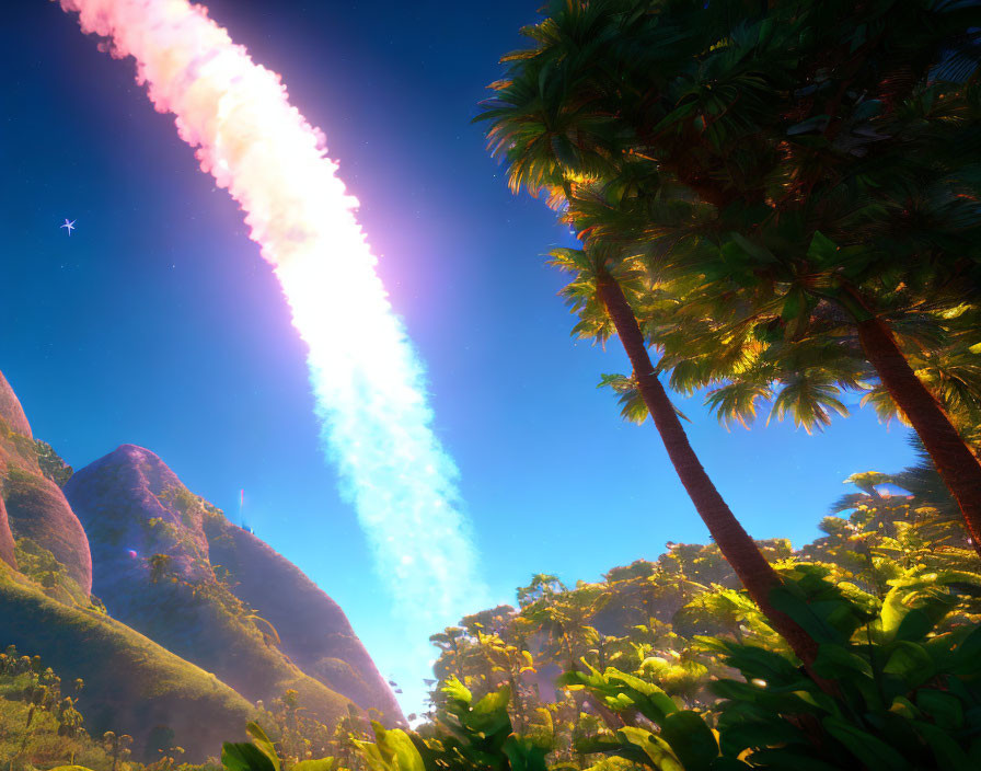 Lush tropical forest digital art with comet in clear blue sky