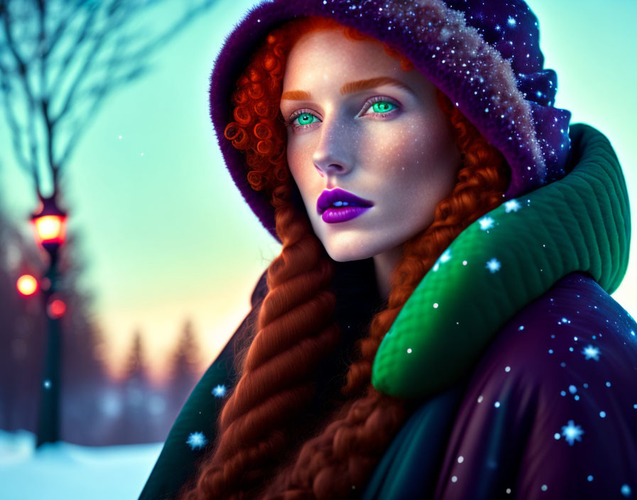 Red-haired woman with green eyes in purple cloak, snowy twilight scene