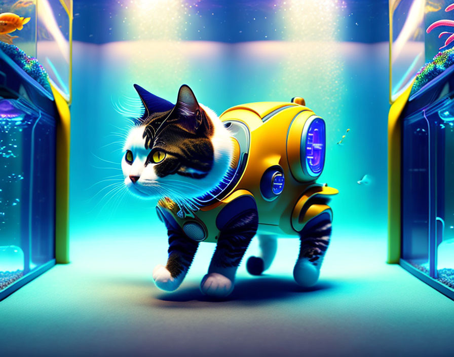 Futuristic cat in yellow spacesuit on vibrant alien landscape