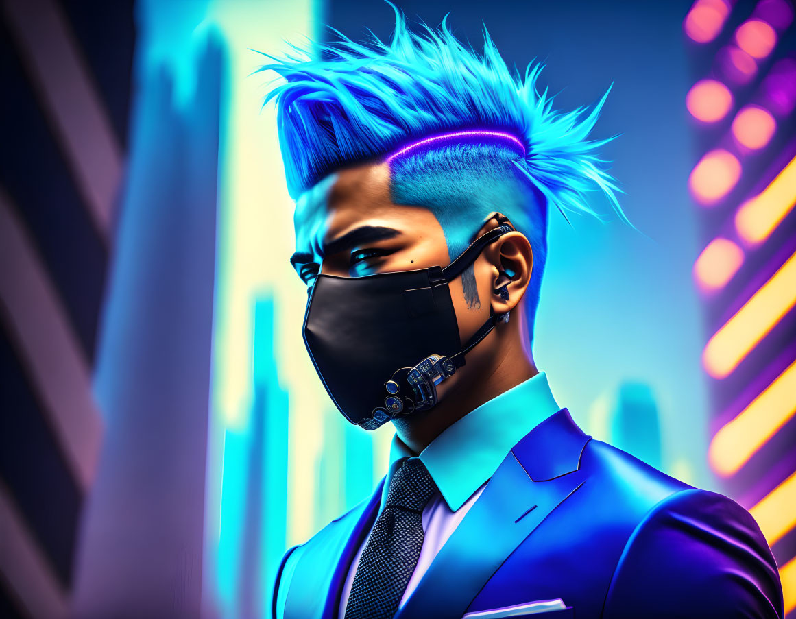 Digital artwork featuring person with blue Mohawk and mask in suit against neon-lit cityscape