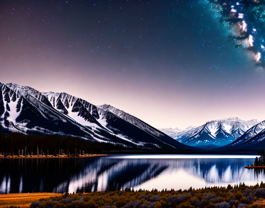 Tranquil lake with starry night sky and silhouetted mountains