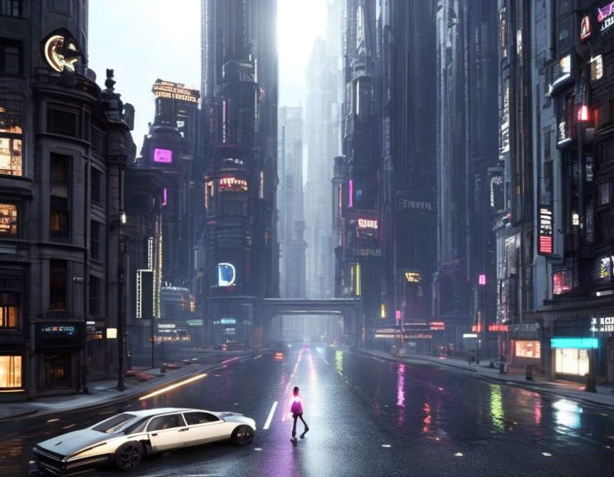 Person with umbrella in futuristic city at dusk with skyscrapers