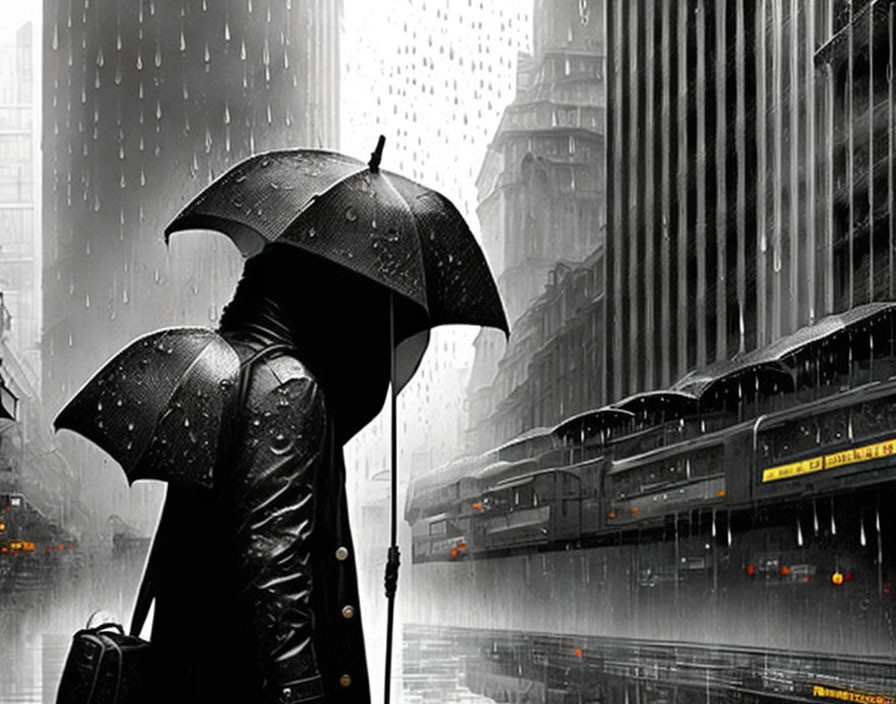 Person with Black Umbrella on Rainy City Street