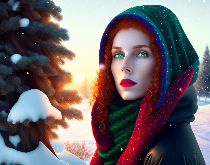 Digital art: Woman with red curly hair in hood and scarf, green eyes, snowy landscape, trees