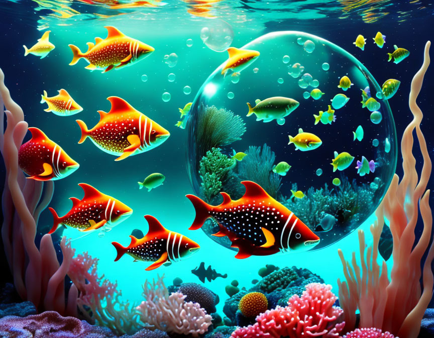 Colorful Fish and Coral Reefs in Vibrant Underwater Scene