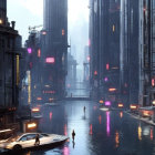 Person with umbrella in futuristic city at dusk with skyscrapers