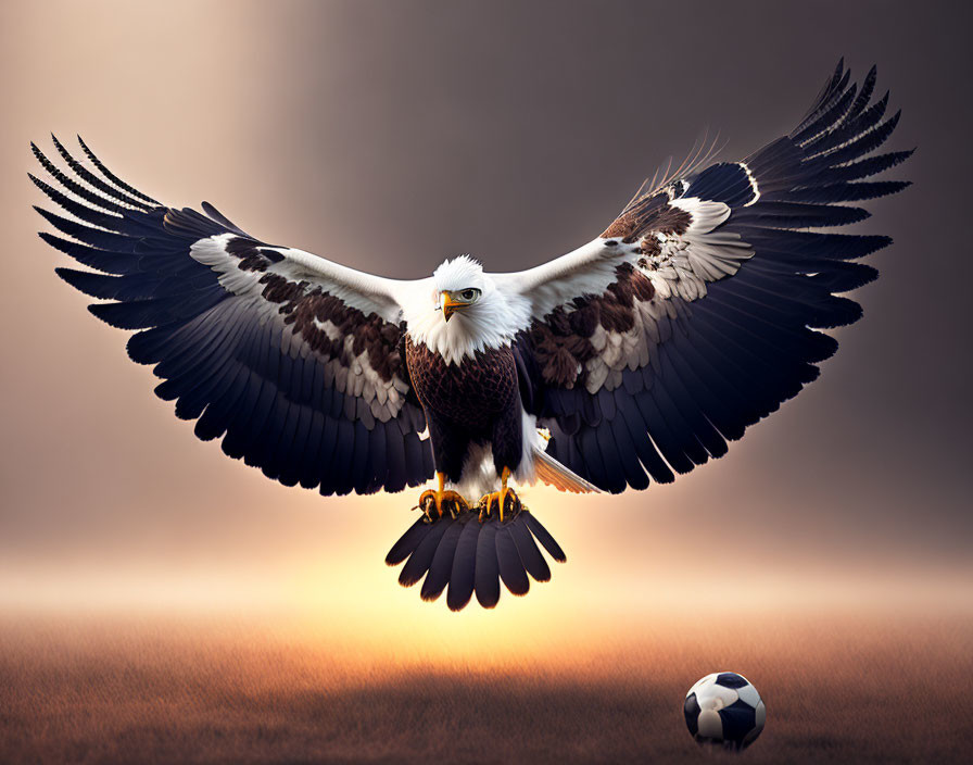 Bald eagle flying over soccer ball on golden background