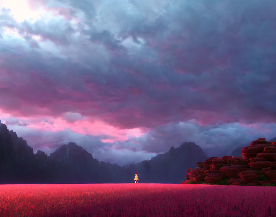 Solitary figure in vibrant pink field under dramatic purple sky