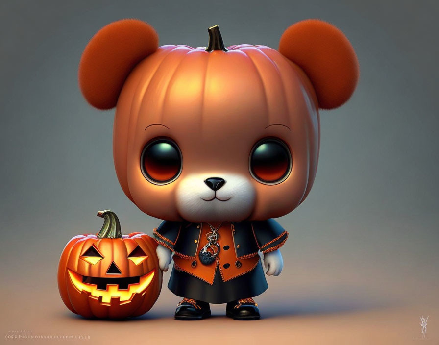 Animated Halloween-themed puppy with pumpkin-like ears and outfit next to carved pumpkin