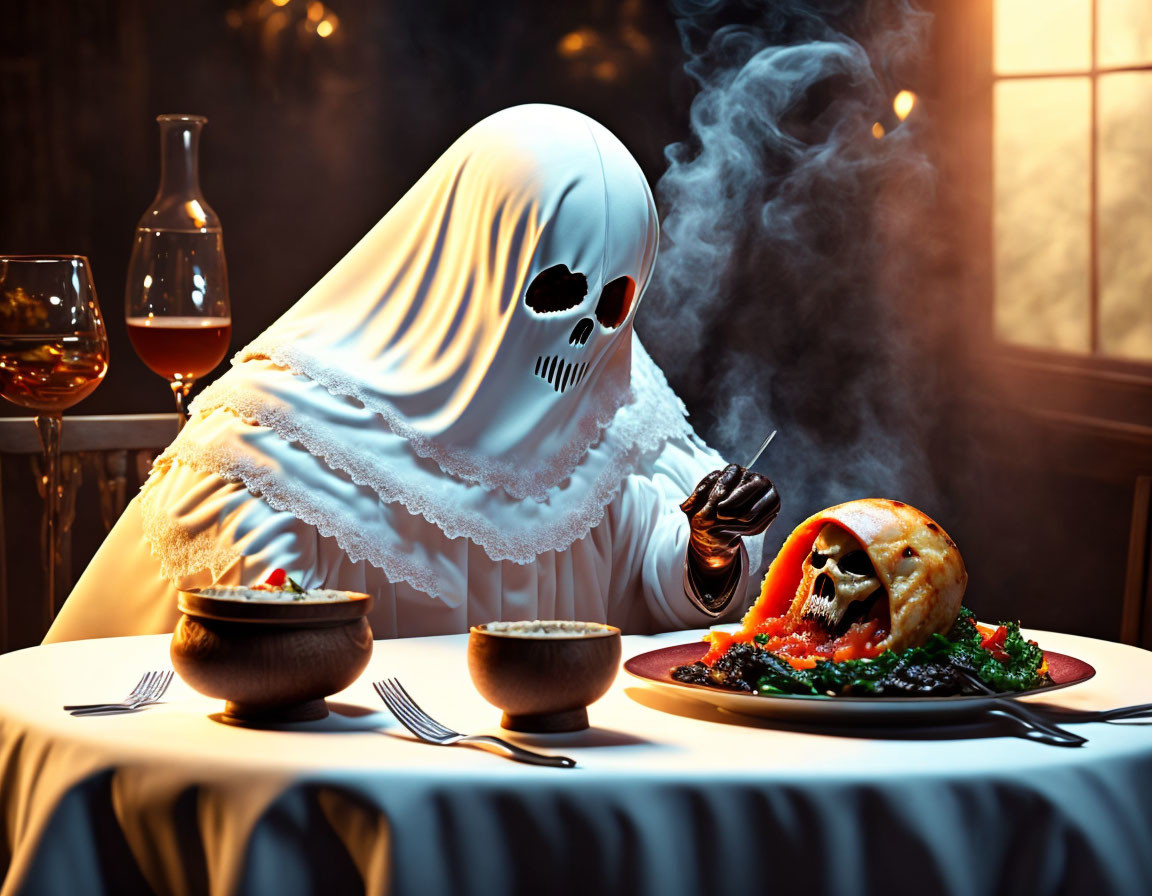 Ghostly Figure with Skull Face at Dinner Table in Gothic Setting