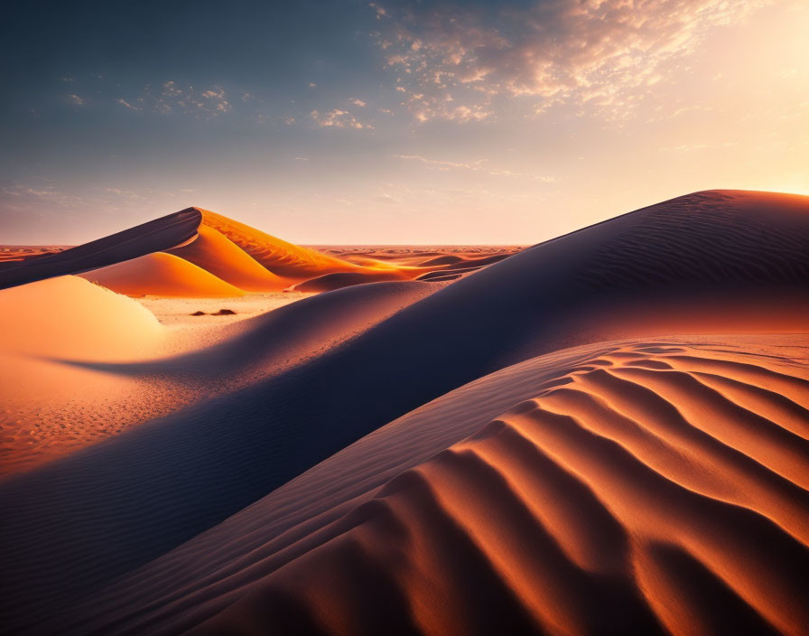 Serene desert landscape with vibrant sunset and smooth sand dunes