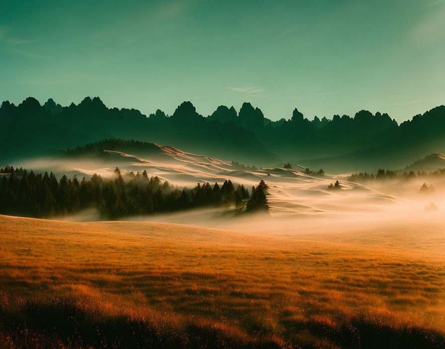 Serene Dawn Landscape: Golden Meadow, Misty Trees, Mountain Peaks